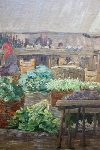 Impressionistische Ölstudie, Gemüsestand auf dem Wochenmarkt, um 1900