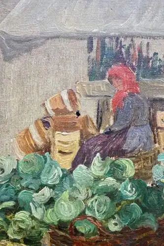 Impressionistische Ölstudie, Gemüsestand auf dem Wochenmarkt, um 1900