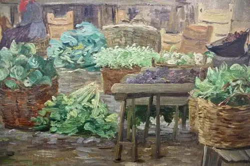 Impressionistische Ölstudie, Gemüsestand auf dem Wochenmarkt, um 1900