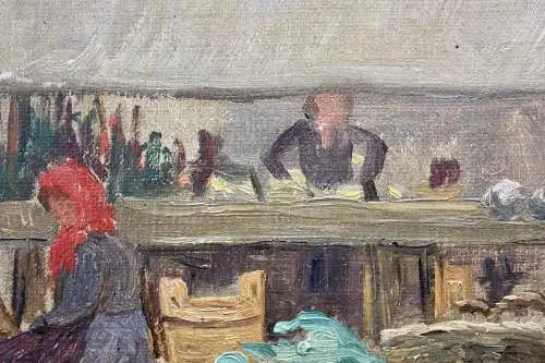 Impressionistische Ölstudie, Gemüsestand auf dem Wochenmarkt, um 1900