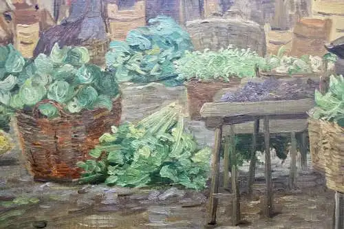 Impressionistische Ölstudie, Gemüsestand auf dem Wochenmarkt, um 1900