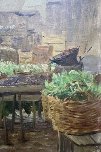 Impressionistische Ölstudie, Gemüsestand auf dem Wochenmarkt, um 1900