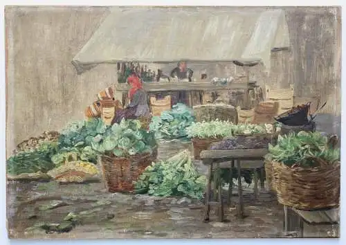 Impressionistische Ölstudie, Gemüsestand auf dem Wochenmarkt, um 1900