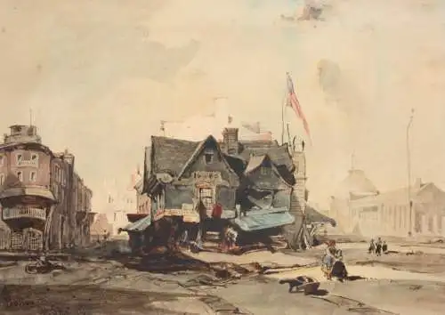 J. W. Ghini, signiertes Aquarell, Boston in der Nähe des Quincy Market, 1849