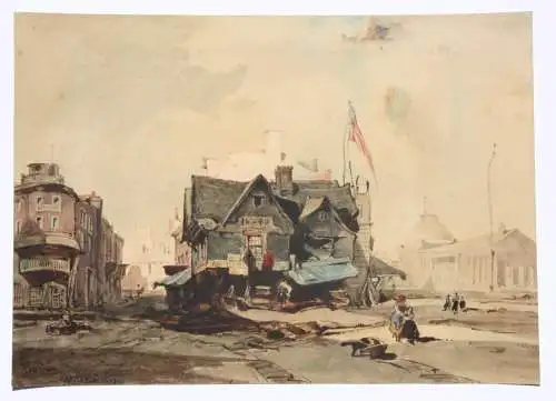 J. W. Ghini, signiertes Aquarell, Boston in der Nähe des Quincy Market, 1849