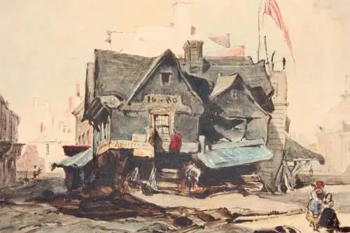 J. W. Ghini, signiertes Aquarell, Boston in der Nähe des Quincy Market, 1849