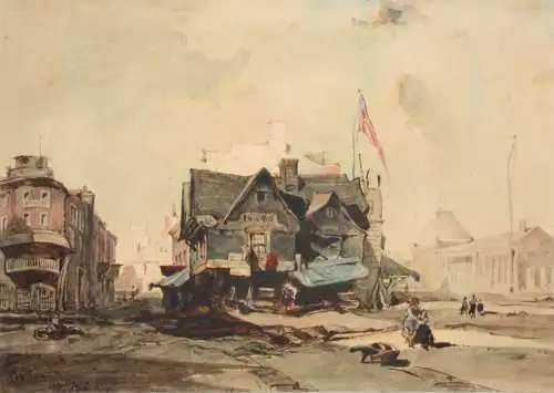 J. W. Ghini, signiertes Aquarell, Boston in der Nähe des Quincy Market, 1849