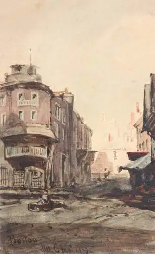 J. W. Ghini, signiertes Aquarell, Boston in der Nähe des Quincy Market, 1849