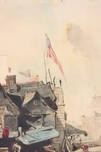 J. W. Ghini, signiertes Aquarell, Boston in der Nähe des Quincy Market, 1849