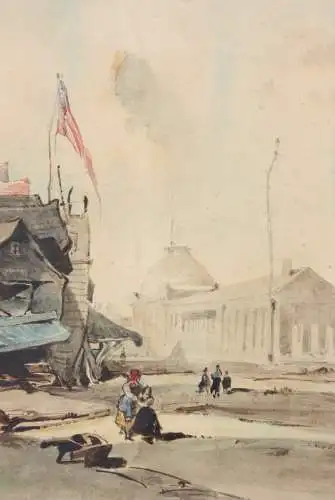 J. W. Ghini, signiertes Aquarell, Boston in der Nähe des Quincy Market, 1849