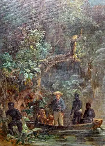 Expedition auf einem Fluss im tropischen Urwald Afrikas, Ölstudie, 19. Jh.