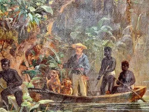 Expedition auf einem Fluss im tropischen Urwald Afrikas, Ölstudie, 19. Jh.