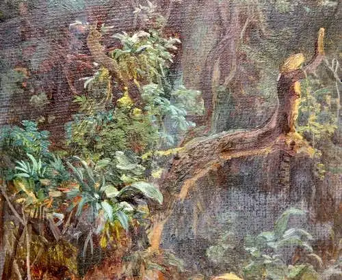 Expedition auf einem Fluss im tropischen Urwald Afrikas, Ölstudie, 19. Jh.