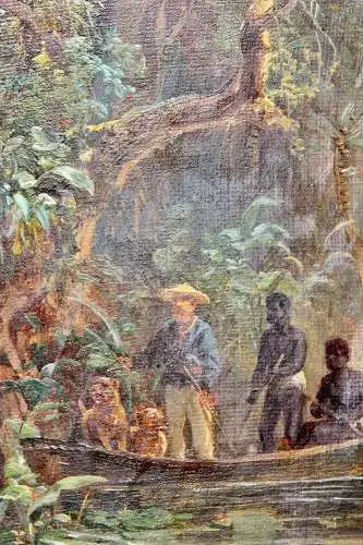 Expedition auf einem Fluss im tropischen Urwald Afrikas, Ölstudie, 19. Jh.