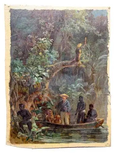 Expedition auf einem Fluss im tropischen Urwald Afrikas, Ölstudie, 19. Jh.