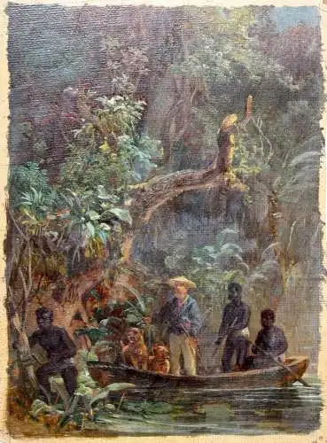 Expedition auf einem Fluss im tropischen Urwald Afrikas, Ölstudie, 19. Jh.