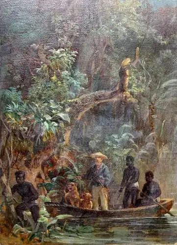 Expedition auf einem Fluss im tropischen Urwald Afrikas, Ölstudie, 19. Jh.