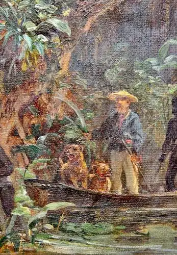 Expedition auf einem Fluss im tropischen Urwald Afrikas, Ölstudie, 19. Jh.