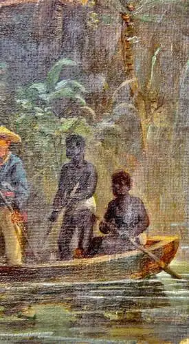 Expedition auf einem Fluss im tropischen Urwald Afrikas, Ölstudie, 19. Jh.