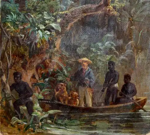 Expedition auf einem Fluss im tropischen Urwald Afrikas, Ölstudie, 19. Jh.