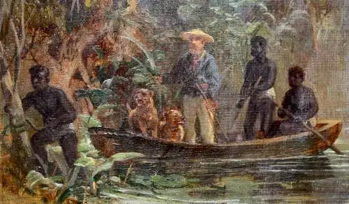 Expedition auf einem Fluss im tropischen Urwald Afrikas, Ölstudie, 19. Jh.