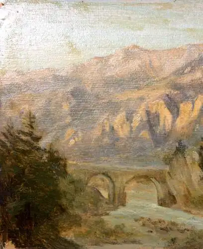 Brücke über einen Fluss im Gebirge bei Abendlicht, Ölstudie auf Karton, 19. Jh.