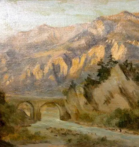Brücke über einen Fluss im Gebirge bei Abendlicht, Ölstudie auf Karton, 19. Jh.