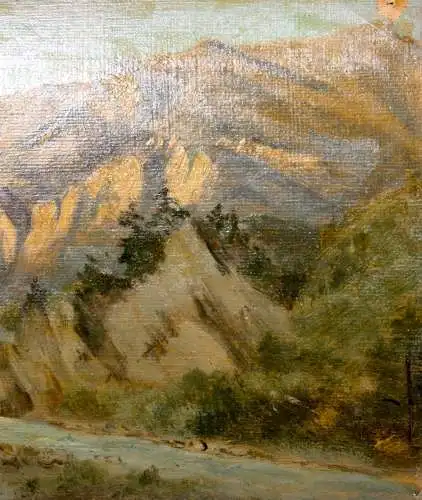 Brücke über einen Fluss im Gebirge bei Abendlicht, Ölstudie auf Karton, 19. Jh.