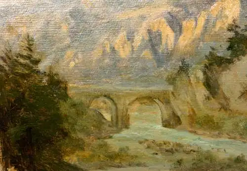 Brücke über einen Fluss im Gebirge bei Abendlicht, Ölstudie auf Karton, 19. Jh.