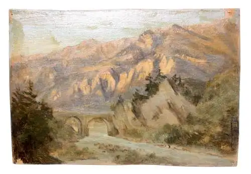 Brücke über einen Fluss im Gebirge bei Abendlicht, Ölstudie auf Karton, 19. Jh.