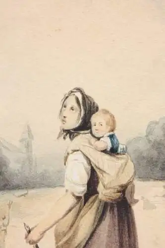 Joseph Beaume (1798-1874), Aquarell, Mutter ihr Kind auf dem Rücken tragend