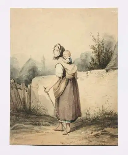 Joseph Beaume (1798-1874), Aquarell, Mutter ihr Kind auf dem Rücken tragend