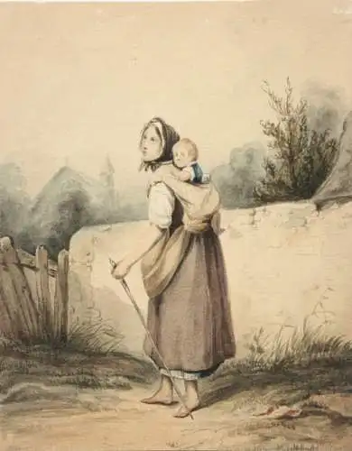 Joseph Beaume (1798-1874), Aquarell, Mutter ihr Kind auf dem Rücken tragend