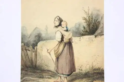 Joseph Beaume (1798-1874), Aquarell, Mutter ihr Kind auf dem Rücken tragend