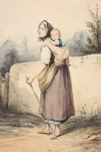 Joseph Beaume (1798-1874), Aquarell, Mutter ihr Kind auf dem Rücken tragend