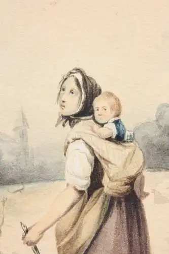 Joseph Beaume (1798-1874), Aquarell, Mutter ihr Kind auf dem Rücken tragend