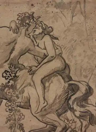 Ein Zentaur entführt eine Waldnymphe, aquarellierte Federzeichnung, Symbolismus