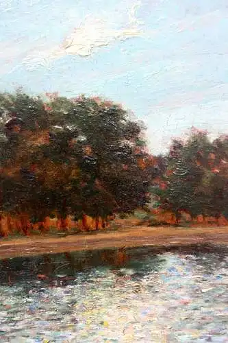 Sonniger Spätnachmittag am Parksee, impressionistisches Gemälde mit Stuckrahmen