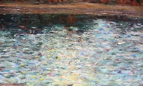 Sonniger Spätnachmittag am Parksee, impressionistisches Gemälde mit Stuckrahmen