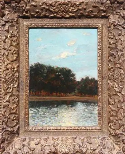 Sonniger Spätnachmittag am Parksee, impressionistisches Gemälde mit Stuckrahmen