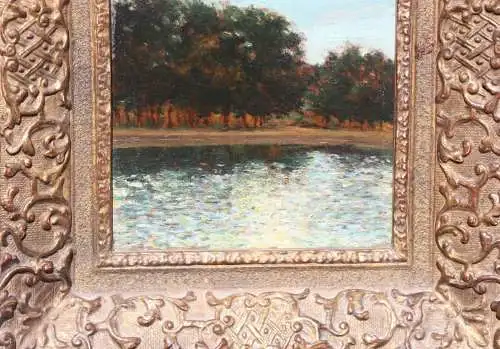 Sonniger Spätnachmittag am Parksee, impressionistisches Gemälde mit Stuckrahmen