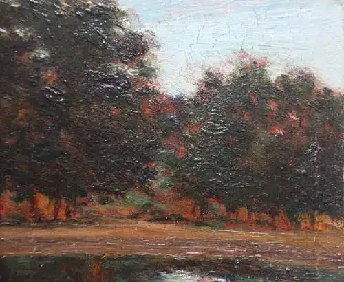 Sonniger Spätnachmittag am Parksee, impressionistisches Gemälde mit Stuckrahmen