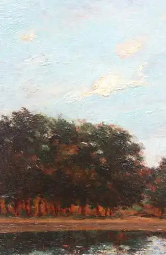 Sonniger Spätnachmittag am Parksee, impressionistisches Gemälde mit Stuckrahmen