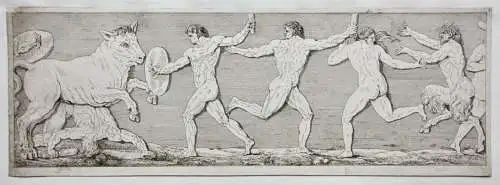 Mythologische Kampfszenen mit Stier und Satyrn, 2 Radierungen, Klassizismus 1818