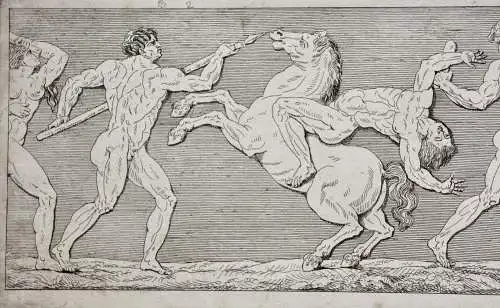 Mythologische Kampfszenen mit Stier und Satyrn, 2 Radierungen, Klassizismus 1818