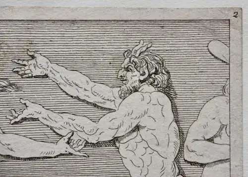 Mythologische Kampfszenen mit Stier und Satyrn, 2 Radierungen, Klassizismus 1818