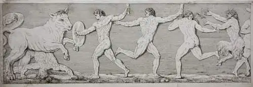 Mythologische Kampfszenen mit Stier und Satyrn, 2 Radierungen, Klassizismus 1818