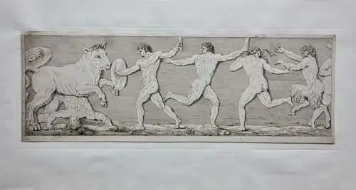 Mythologische Kampfszenen mit Stier und Satyrn, 2 Radierungen, Klassizismus 1818