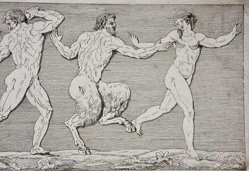 Mythologische Kampfszenen mit Stier und Satyrn, 2 Radierungen, Klassizismus 1818