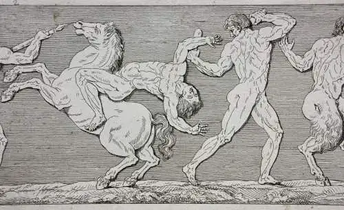 Mythologische Kampfszenen mit Stier und Satyrn, 2 Radierungen, Klassizismus 1818
